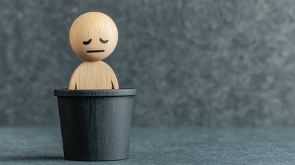 A wooden figurine with a sad expression sits in a black pot against a textured gray background, symbolizing feelings of confinement or sadness.