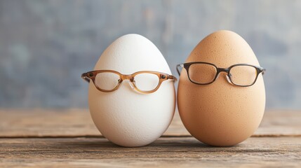 Two eggs wearing glasses, one white and one brown, sit on a wooden surface against a blurred background, creating a whimsical and humorous scene.