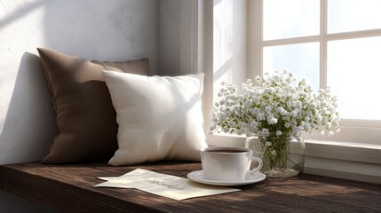 Cozy Window Nook Decorated with Soft Cushions, Fresh Flowers, and Warm Sunlight for a Serene Atmosphere