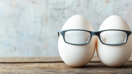 Two white eggs wearing glasses, sitting on a wooden surface, create a humorous and whimsical visual.