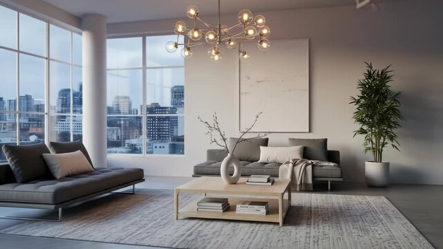 Modern apartment with grey sofas, city view, and geometric lighting