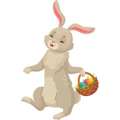 Happy Easter Bunny Character Holding A Woven Basket Full Of Colorful Painted Eggs In A Joyful Pose On A Transparent Background