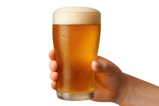 Hand holding refreshing pint of cold golden beer with foam, condensation and water drops, transparent background - Powered by Adobe