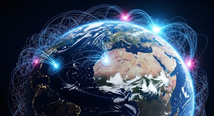 Futuristic visualization of a global communication network with glowing lines connecting points on Earth from space.