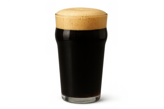 Glass of dark stout beer with creamy foam head on transparent background, enjoying refreshing alcoholic beverage