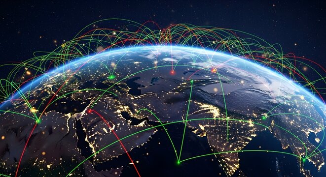 Glowing network lines connecting major cities on planet Earth as seen from space at night.