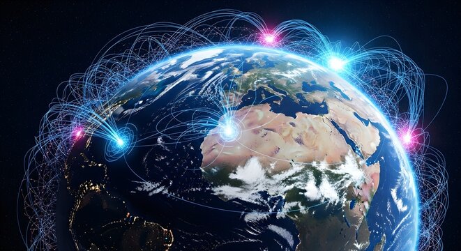 Futuristic visualization of a global communication network with glowing lines connecting points on Earth from space.