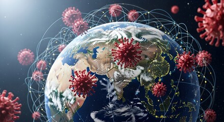 Conceptual illustration of the coronavirus pandemic with virus cells spreading across a networked planet Earth.