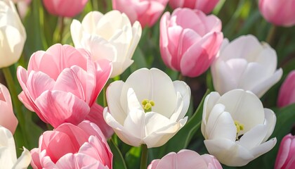 Close-up of various light pink and white blooming tulip flowers