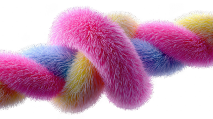 Fluffy twisted rope with pink blue and yellow colors isolated on transparent background