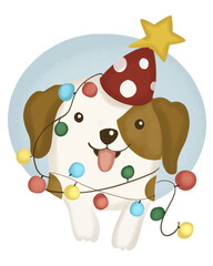 Hand-drawn puppy in party hat wrapped in colorful string lights with star topper and blue circle backdrop; joyful holiday character for cards, stickers and posts