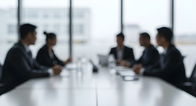 Out of focus shot of a diverse business team in a corporate meeting room discussing strategy around a conference table