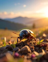 Close-up shot of a beetle on the ground with blurred sunset mountains