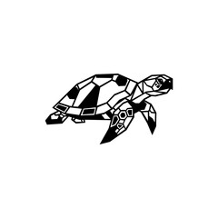 Geometric illustration of a sea turtle, rendered in black and white, isolated on a white background.