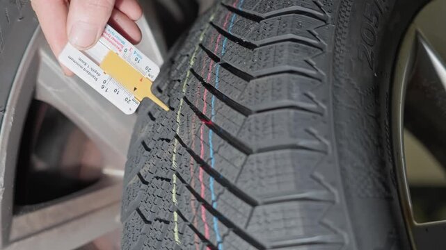 Closeup of fresh winter tire in garage as hand checks tread depth and displays safe measurement result