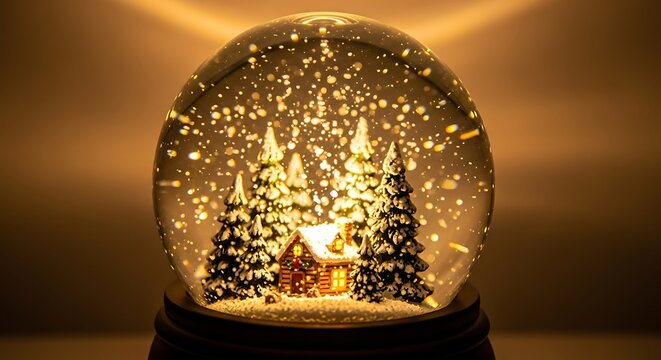 Glowing snow globe with miniature winter village and sparkling snowflakes