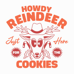 Howdy Reindeer Just Here For The Cookies, Funny Western Christmas Cookie Shirt, Reindeer In Cowboy Hat T-shirt Design, Cute Holiday Cookie Lover Tee