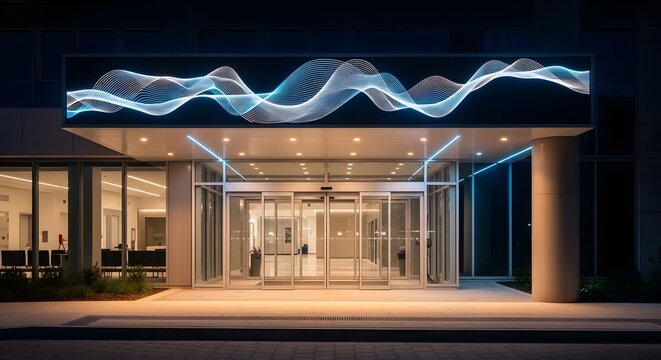 Modern building entrance with digital display at night for futuristic look