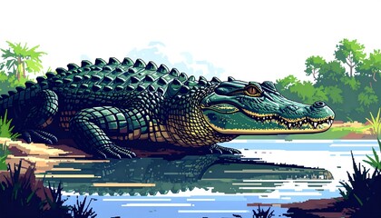 Colorful illustration of a large crocodile on a riverbank