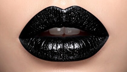 Close-up shot of full, glossy lips painted in a striking black color