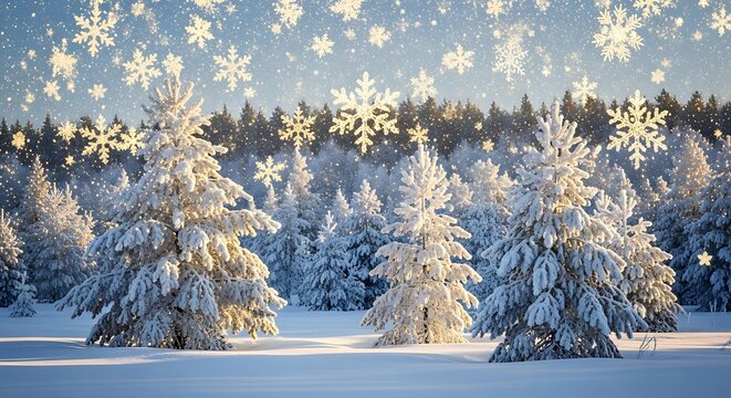 Magical snowfall over a winter forest with sparkling snowflakes