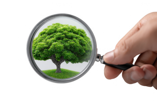 Hand holding magnifying glass inspecting a lush green tree on a small hill isolated on transparent background