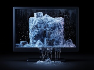 Frozen Screen: Surreal Digital Art Installation with Melting Ice Cubes and Icy Sculpture in Modern Technology Concept Art Display