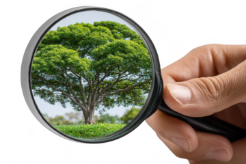 Magnifying glass focuses on lush green tree and grass isolated on transparent background