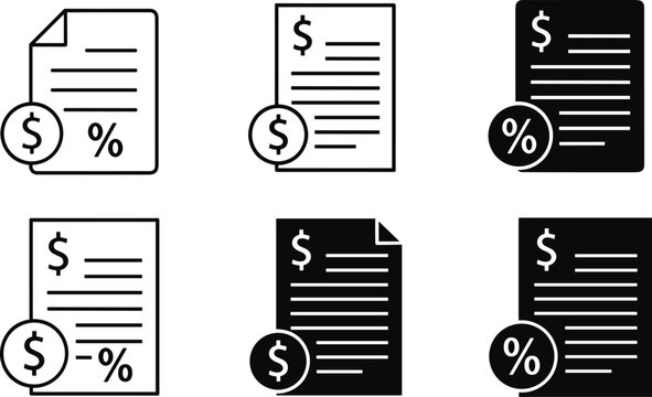Financial document icon set, dollar and percentage symbol vector, interest rate graphic, pricing illustration, black and white design template