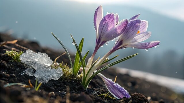 Delicate purple crocus flowers bloom through melting snow in spring - Powered by Adobe