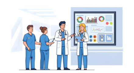 Medical team discussing data on digital screen