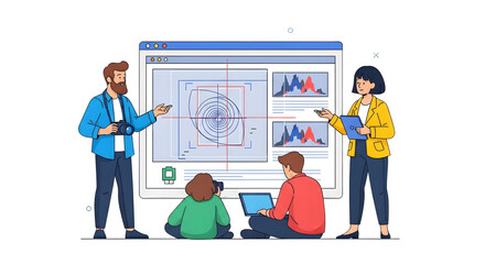 Team presenting data analysis on large screen