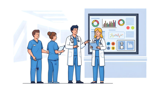 Medical team discussing data on digital screen