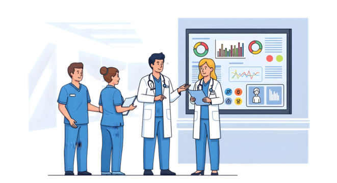Medical team discussing data on digital screen