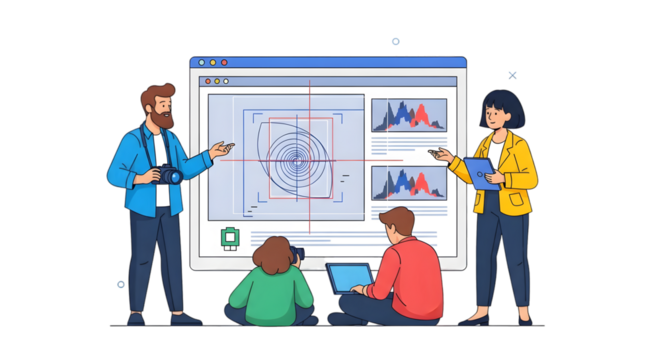 Team presenting data analysis on large screen