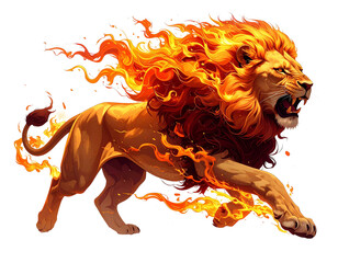 A majestic lion galloping fiercely with an angry expression, its mane and tail transformed into brilliant, flowing flames.