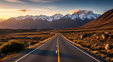 A winding road leading towards snow capped mountains under a beautiful sky at sunset time in nature