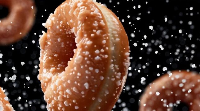 close up of floating donuts with powdered sugar sprinkles