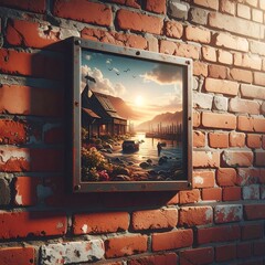 Rustic framed landscape painting on brick wall