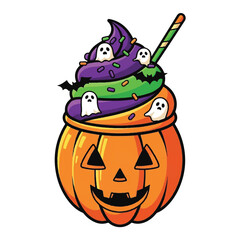 halloween pumpkin glass, with purple green ice cream on it