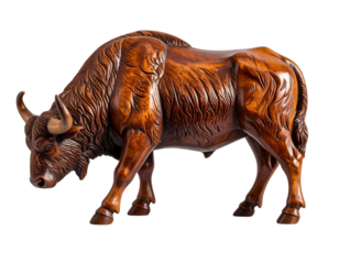 Top-Down Wooden Musk Ox Figurine, Grazing Pose, isolated