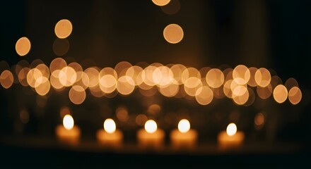 Warm and inviting scene illuminated by the soft glow of multiple lit candles, creating a mesmerizing bokeh effect in the background, perfect for serene and contemplative themes