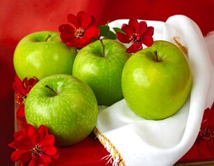 Four green apples with red flowers arranged on a white cloth