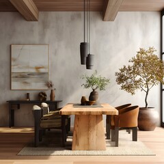 Modern Comfortable Dining Room with Wooden Table and Green Plant
