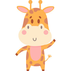 Cute Cartoon Baby Giraffe Waving Hello With Pink Cheeks And Brown Spots On A Transparent Background, Adorable Safari Animal Illustration For Kids
