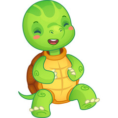 Cute cartoon baby turtle character sitting happily with a smiling face and closed eyes green body orange shell transparent background high detail vector illustration