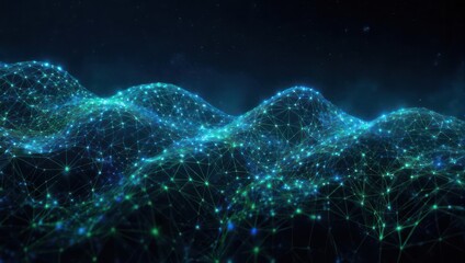 Abstract 3D digital waves formed by interconnected glowing dots and lines, dark background
