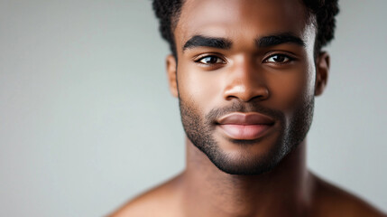 Obraz premium Portrait of a young male afro american model, age 25, attractive man, publicity poster for skin care. Copy space available. gray background.