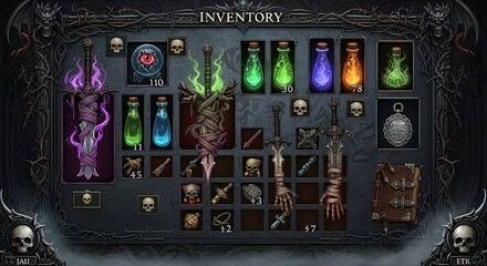 Highly detailed dark fantasy RPG game inventory screen GUI with various magical items