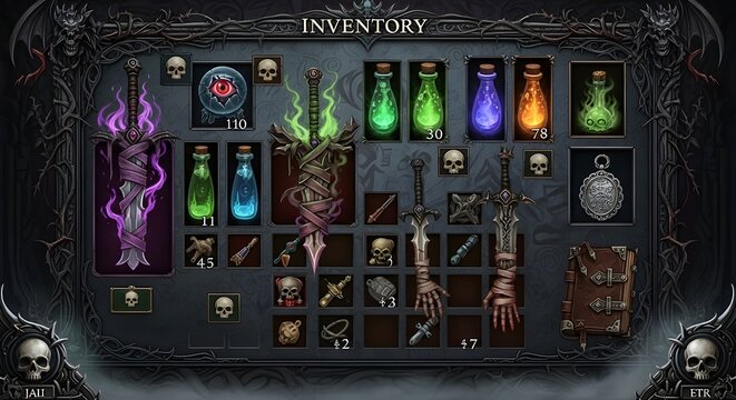 Highly detailed dark fantasy RPG game inventory screen GUI with various magical items